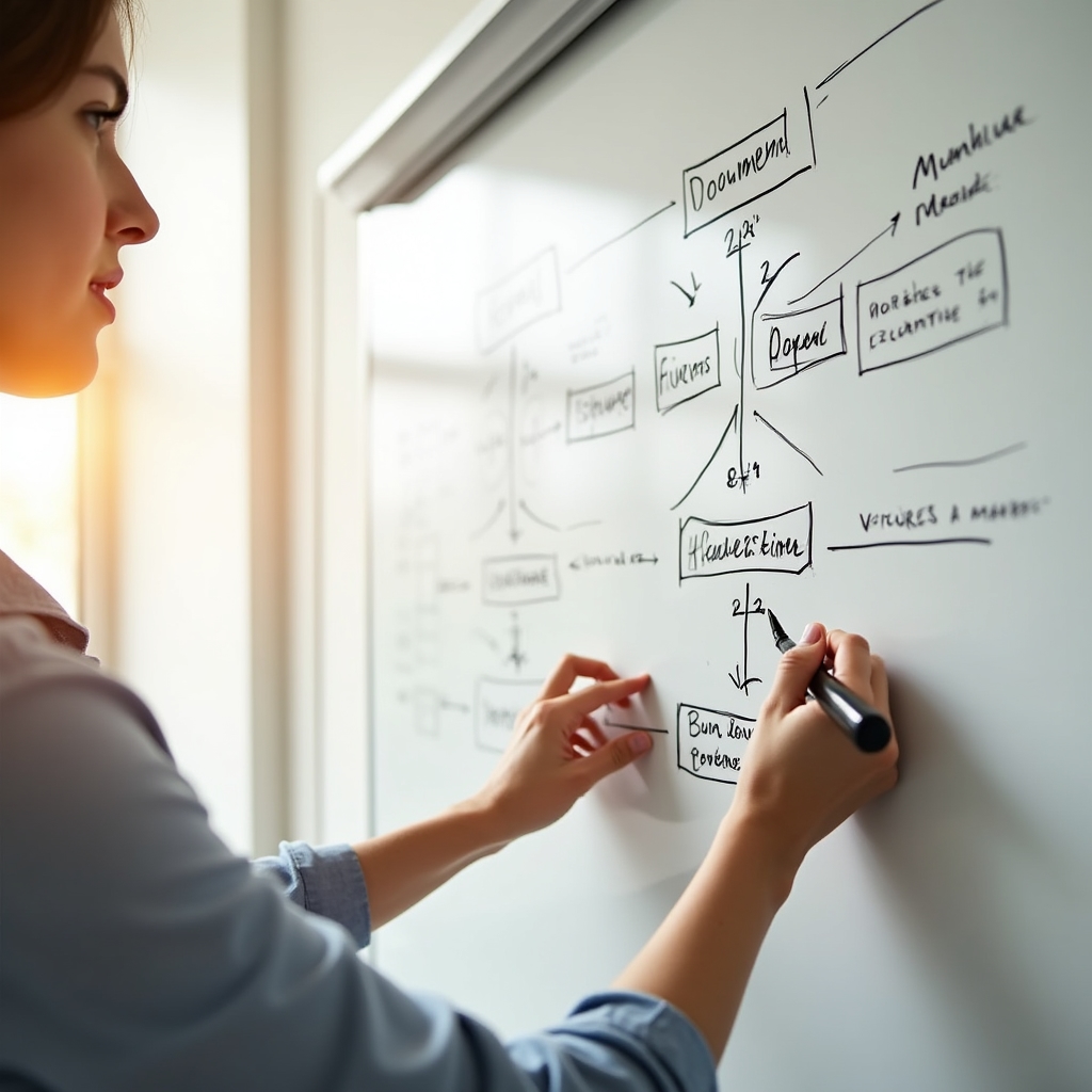 Diagramă de structură a unui raport pe whiteboard, cu săgeți și secțiuni numerotate, mână scriind