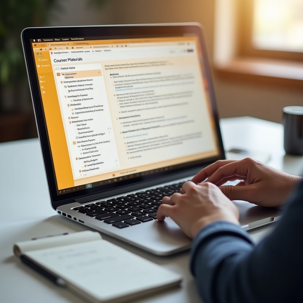 Laptop deschis cu materiale de curs digitale, structuri de text evidențiate și note color pe ecran