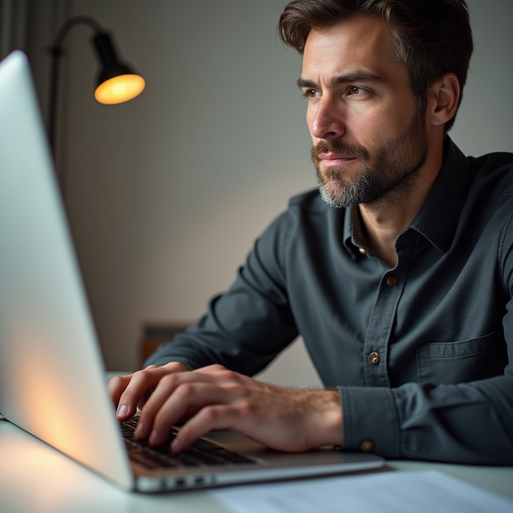 Persoană scriind un email profesional pe laptop, cu note de structură vizibile