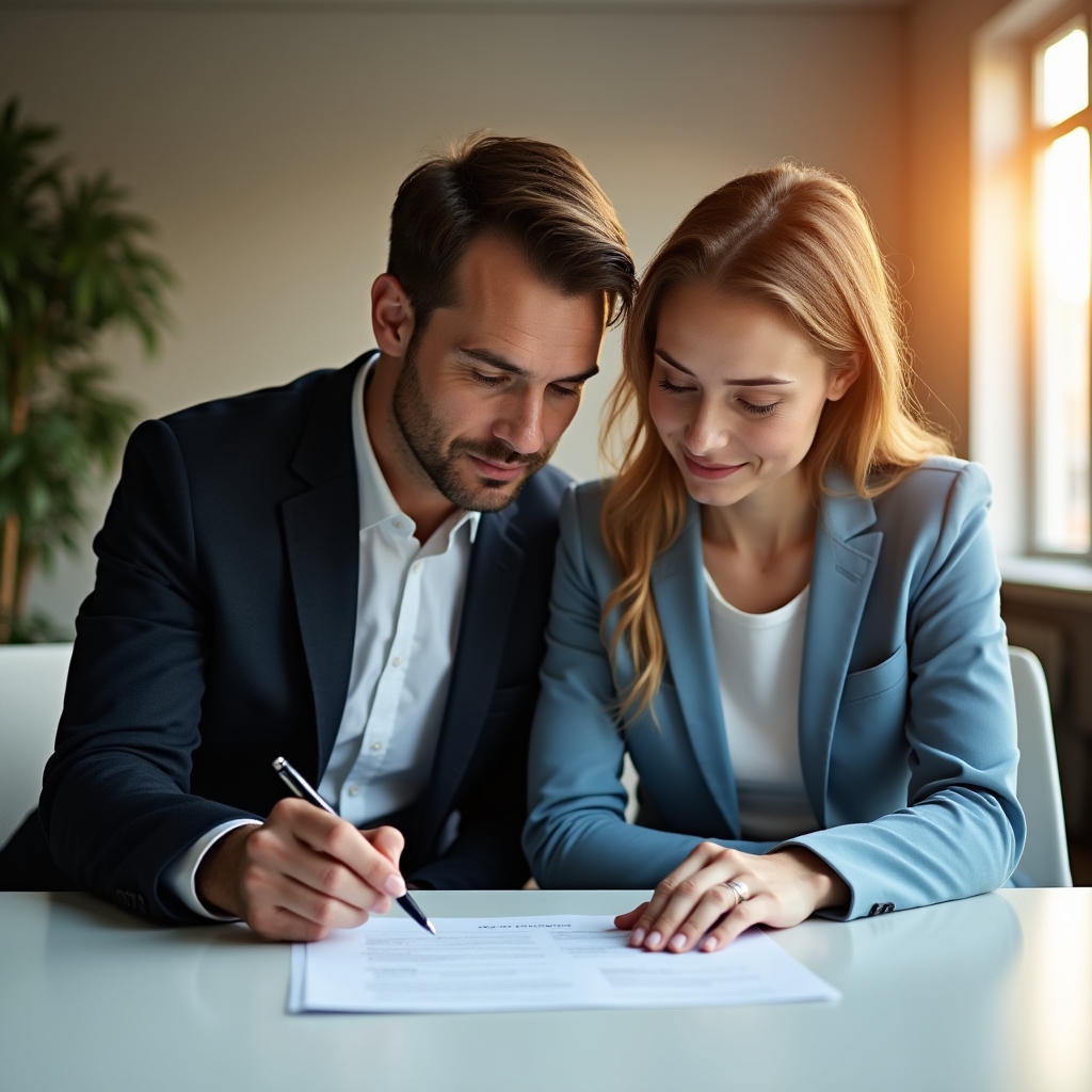 Trainer oferind feedback scris unui participant, ambii studiind un document tipărit pe masă