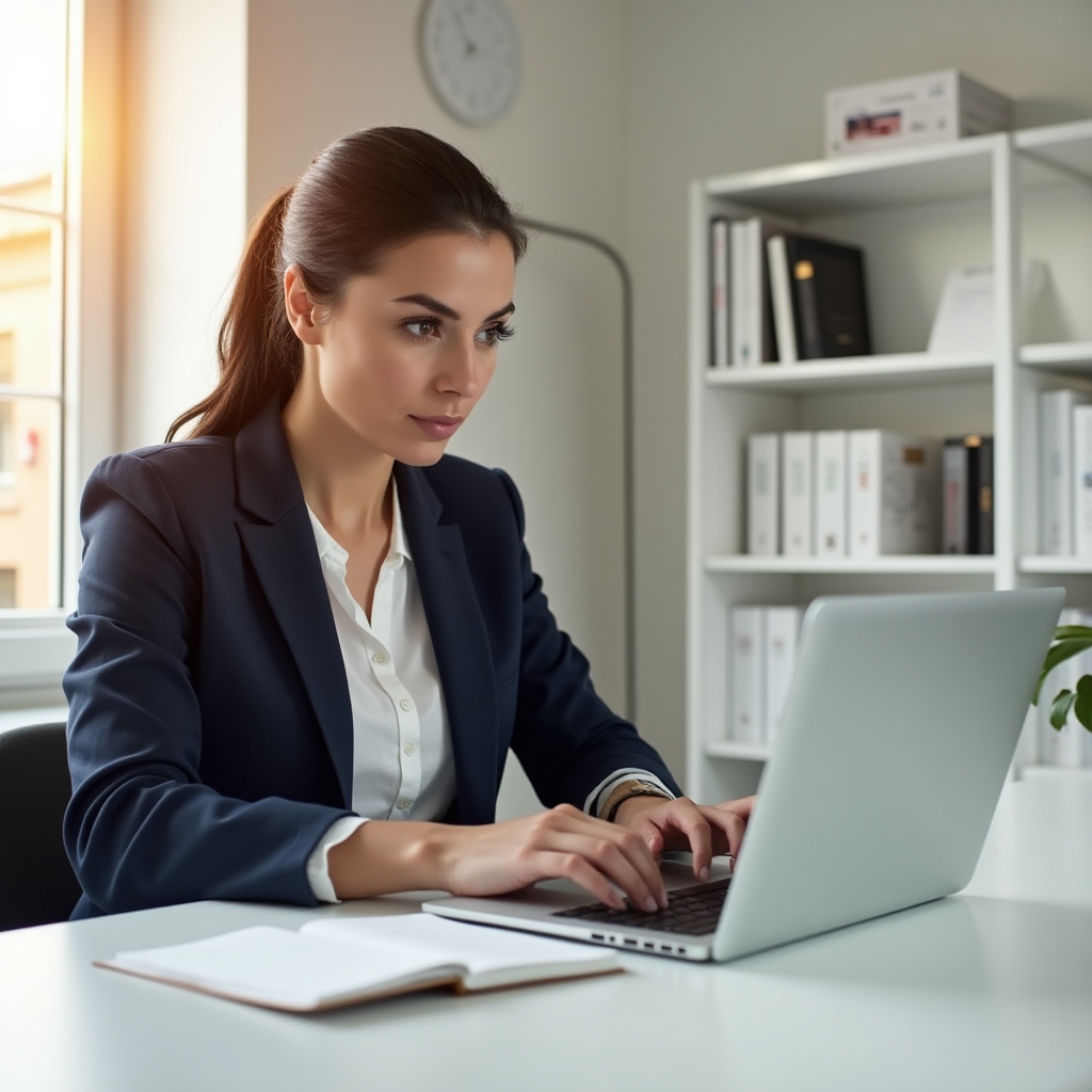 Profesionist lucrând la laptop într-un birou modern, scriind un email important