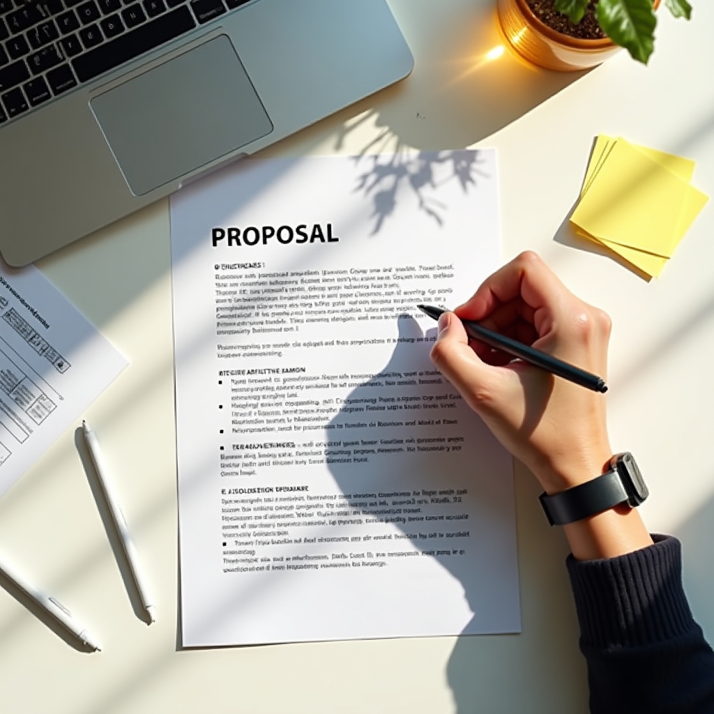 Profesionist scriind o propunere de proiect, cu schiță vizibilă și documente organizate pe birou