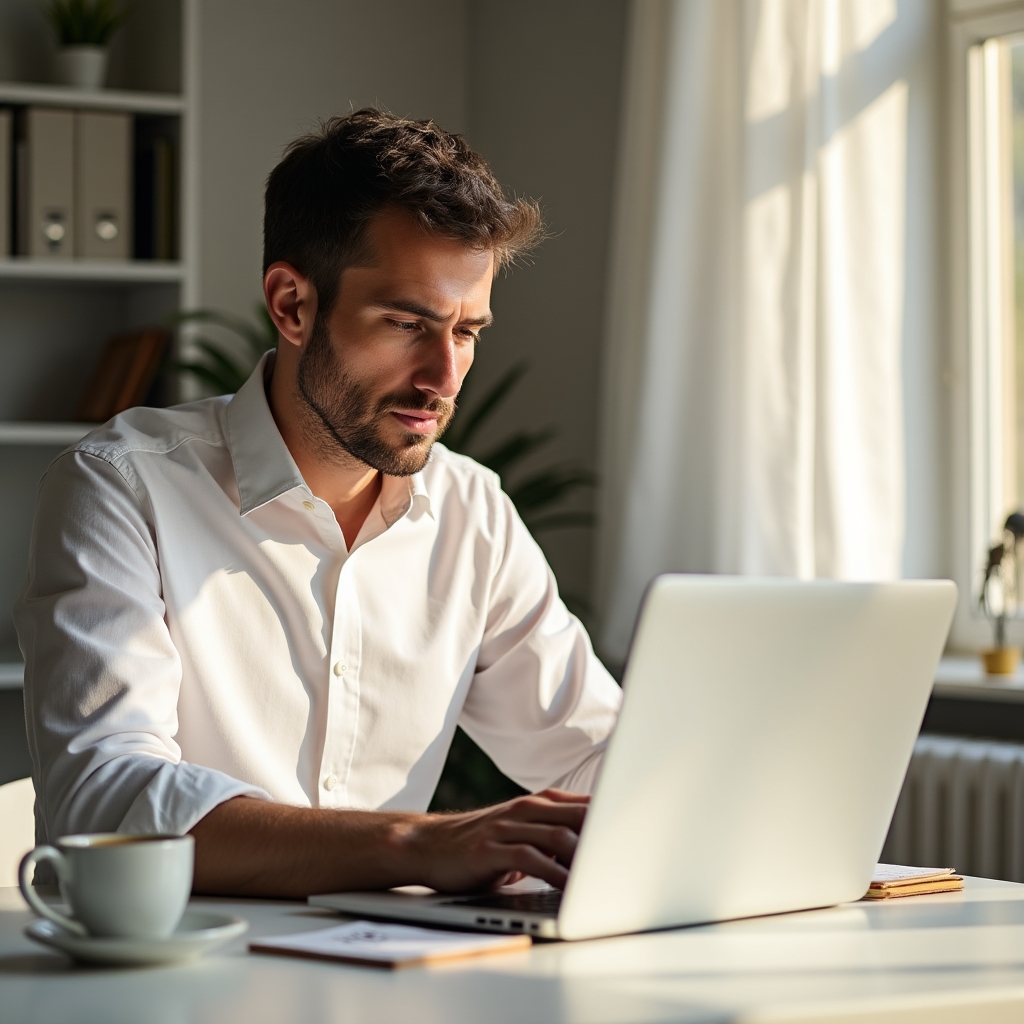Profesionist singur la birou, concentrat, editând un text pe ecran cu o cești de cafea alături