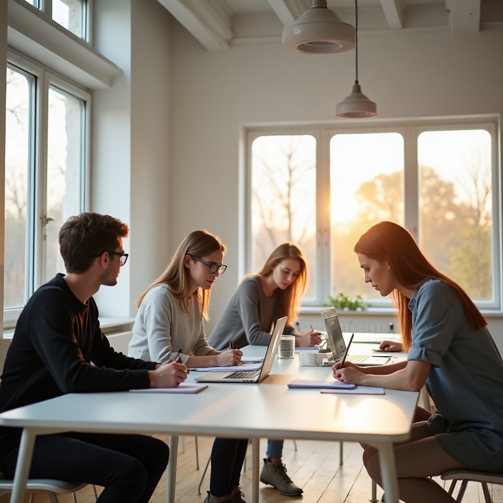 Spațiu de învățare modern cu mese albe, lumină naturală și participanți concentrați pe exerciții de scriere